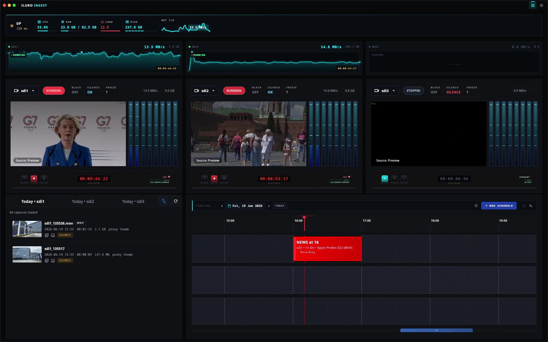 ILURO Ingest operator interface demonstrating live capture monitoring, recording readiness and MAM-aware session state.