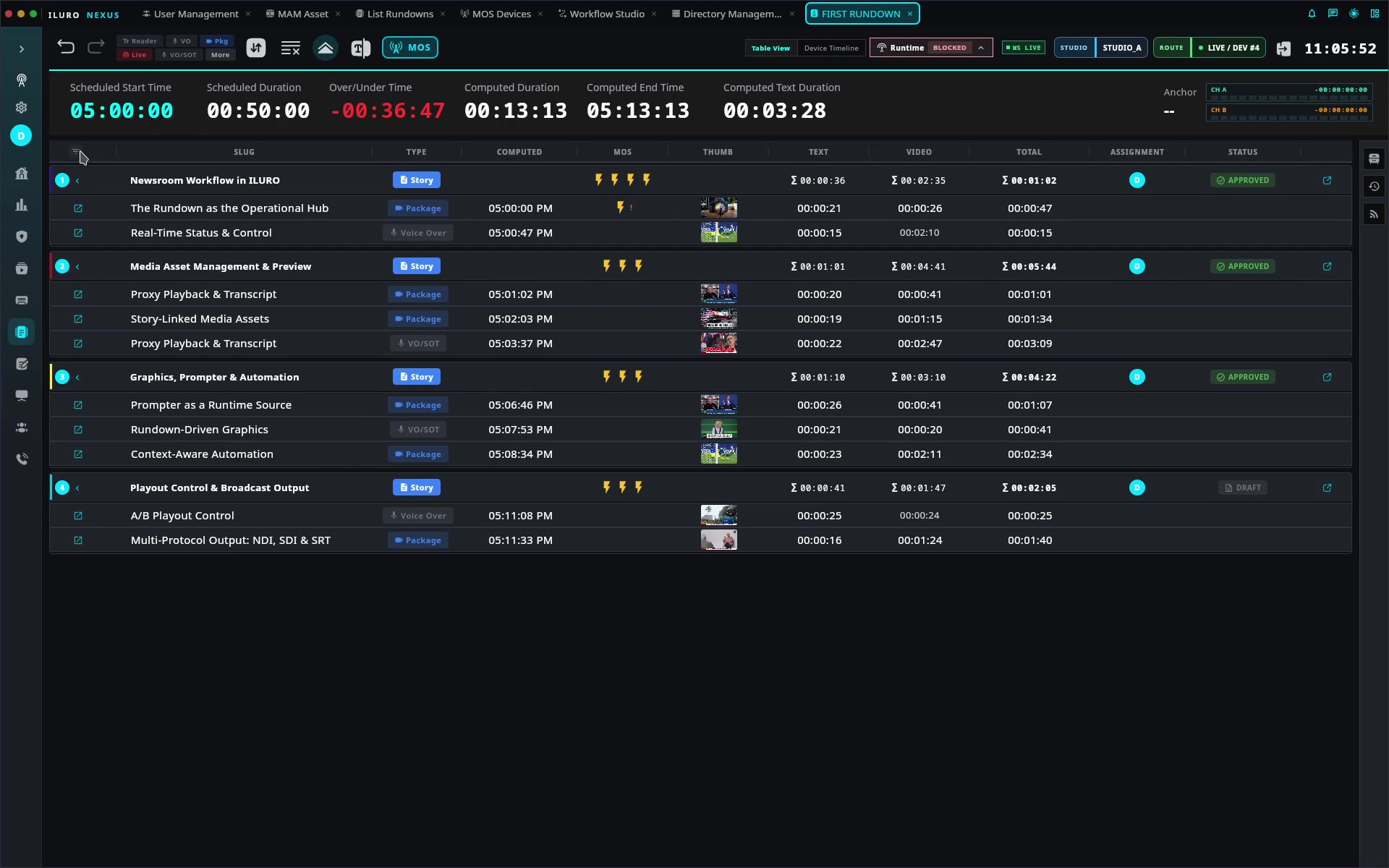 ILURO Newsroom interface demonstrating rundown planning, story structure and MOS-aware operational context.