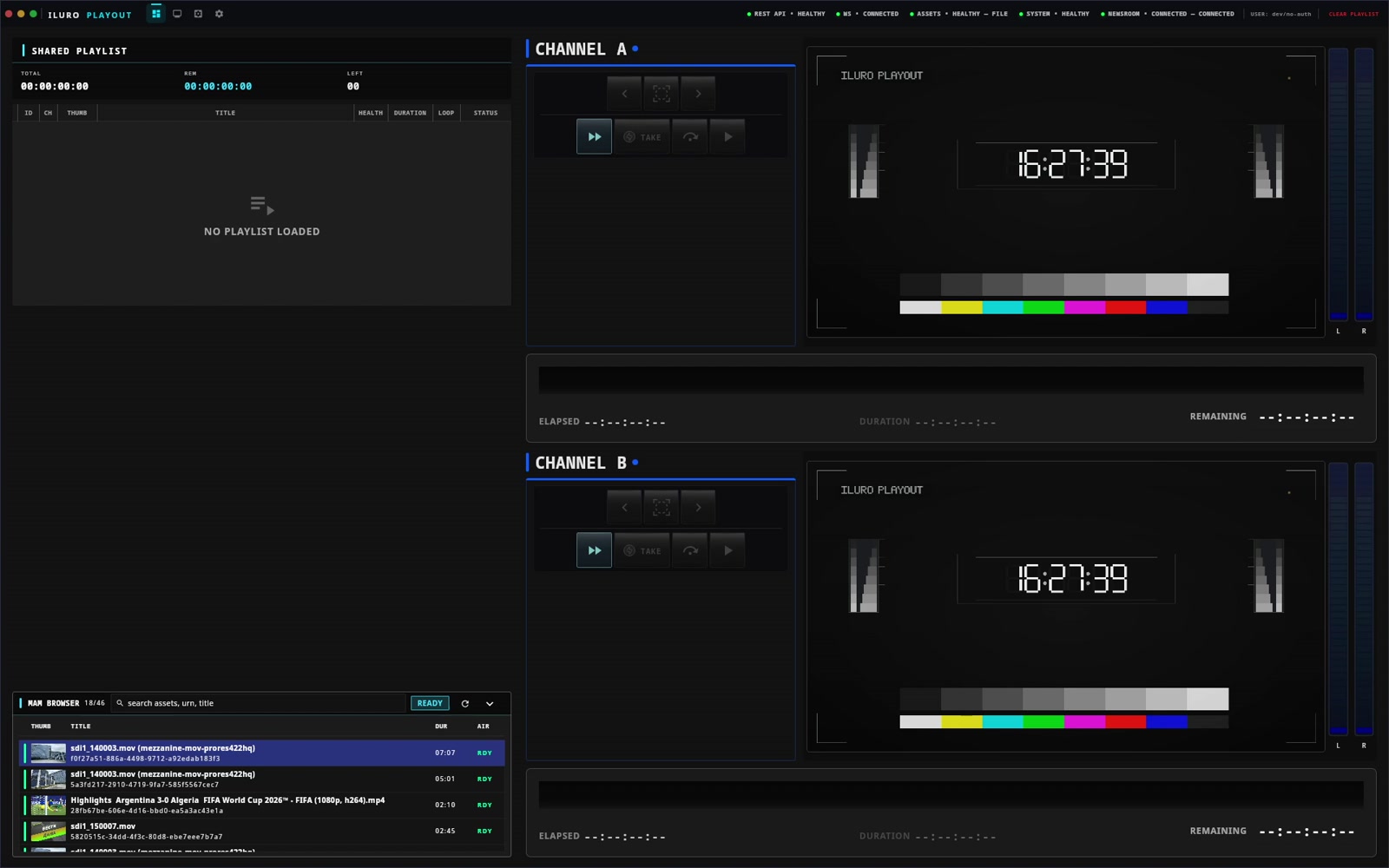ILURO Playout interface demonstrating A/B playlist execution, channel state and broadcast output confidence.
