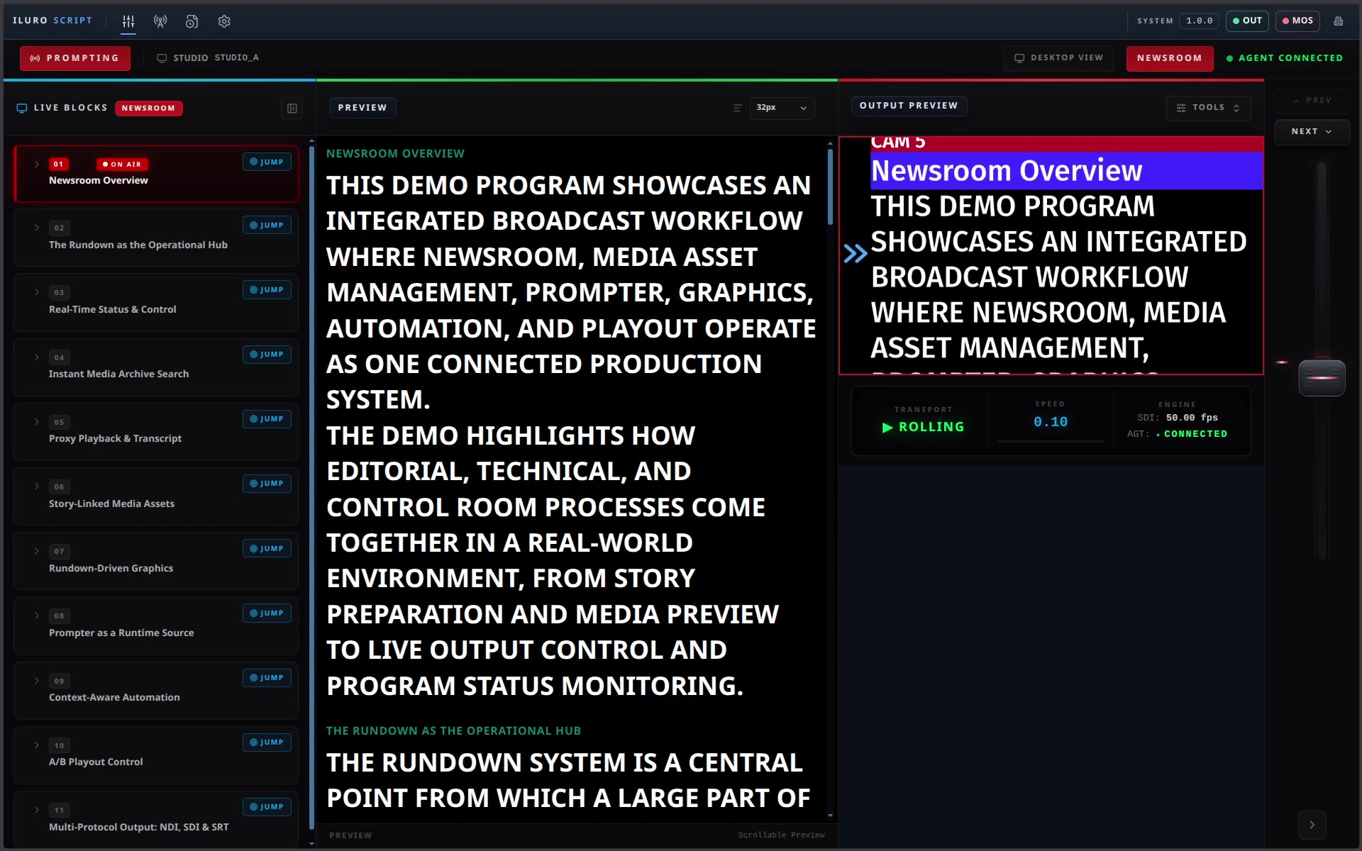ILURO Script operator interface demonstrating newsroom-linked prompting scroll and live output preview.
